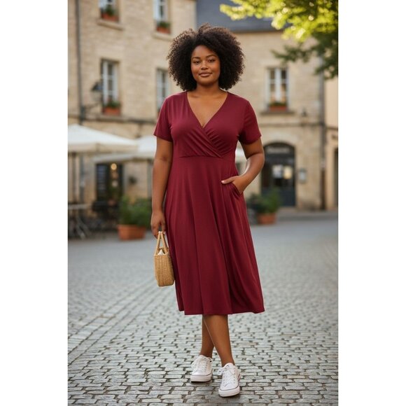 Nemidor Women Plus Size 18 Burgundy Surplice V Neck Dress Flutter Sleeve Classic - Picture 1 of 7